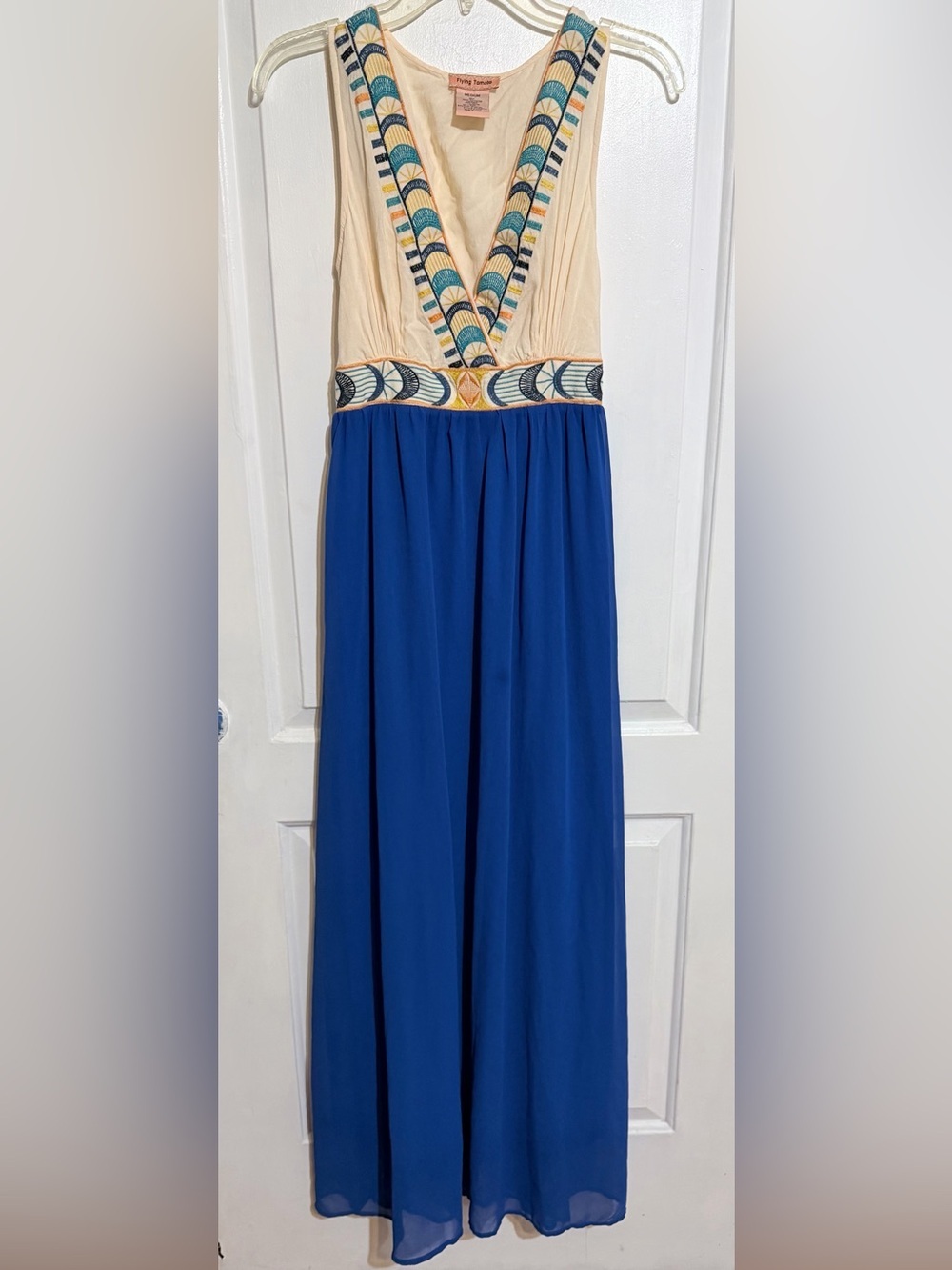 Blue and Cream Embroidered V-Neck Maxi Dress Flying Tomato - Picture 1 of 6